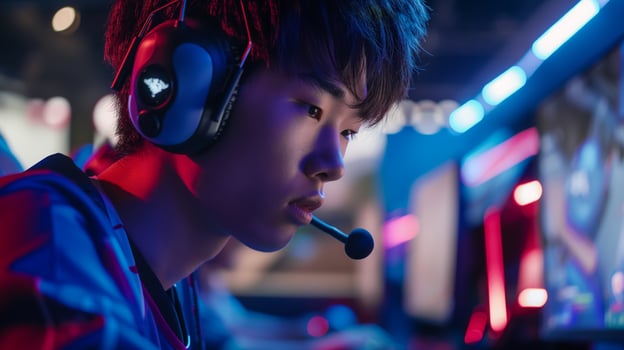 Man with purple headphones and microphone playing game photo