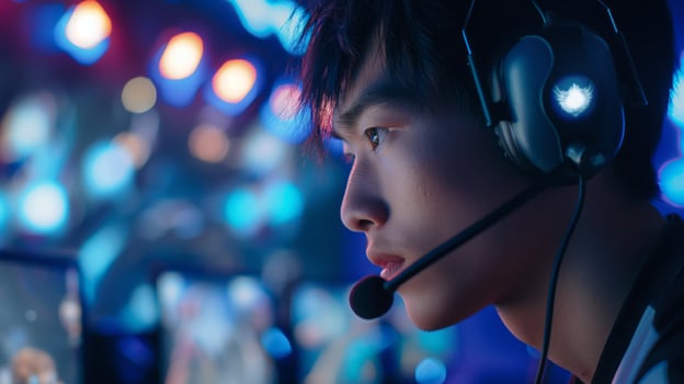 a man wearing headphones and a microphone is playing a game photo