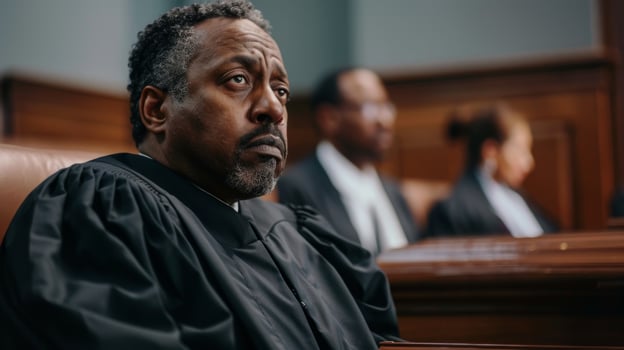 A man with a beard in a judges robe is sitting in a courtroom photo