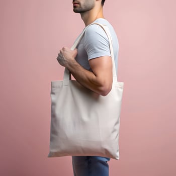 Tote bag mockup. Man holding reusable white cotton linen eco organic fabric canvas blank totebag on pink background photo