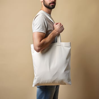 Tote bag mockup. Man carrying reusable white cotton linen eco organic fabric canvas blank totebag on beige background. photo