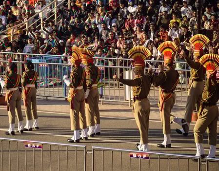 Wagah Border, Amritsar, Punjab, India, 02 February 2024 - Flag ceremony by Border Security Force BSF guards at India-Pakistan border near Attari Amritsar, Punjab, India held every day evening time photo