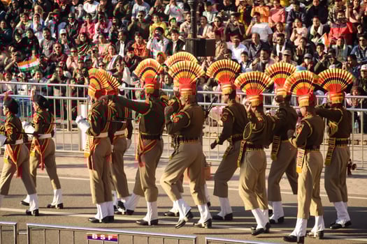 Wagah Border, Amritsar, Punjab, India, 02 February 2024 - Flag ceremony by Border Security Force BSF guards at India-Pakistan border near Attari Amritsar, Punjab, India held every day evening time photo