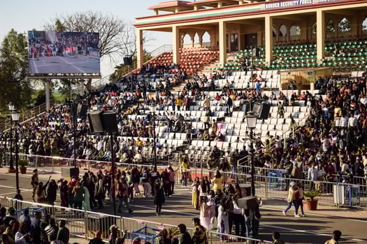 Wagah Border, Amritsar, Punjab, India, 02 February 2024 - Flag ceremony by Border Security Force BSF guards at India-Pakistan border near Attari Amritsar, Punjab, India held every day evening time photo