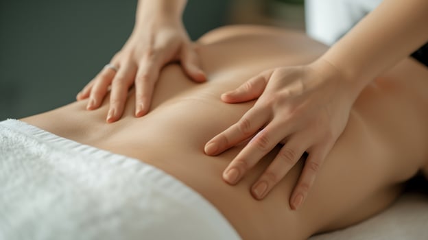 close up of the skilled therapist's hands performing a back massage on a woman with gentle and soothing touches photo