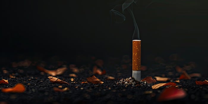 Single lit cigarette standing upright on dark surface with ash and smoke with empty space. Concept of smoking dangers and health risks. No tobacco day. Ai generation. photo