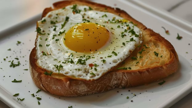 A fried egg on toast with parsley on a white plate. photo