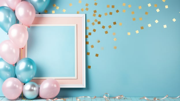 gender reveal birthday party frame blue and pink balloons, ai photo