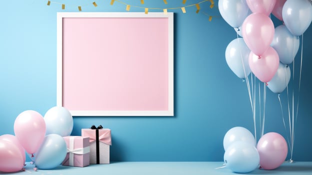 gender reveal birthday party frame blue and pink balloons, ai photo