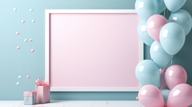 gender reveal birthday party frame blue and pink balloons, ai photo