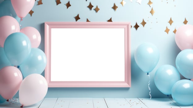 gender reveal birthday party frame blue and pink balloons, ai photo