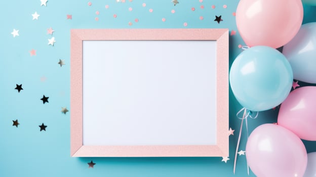 gender reveal birthday party frame blue and pink balloons, ai photo