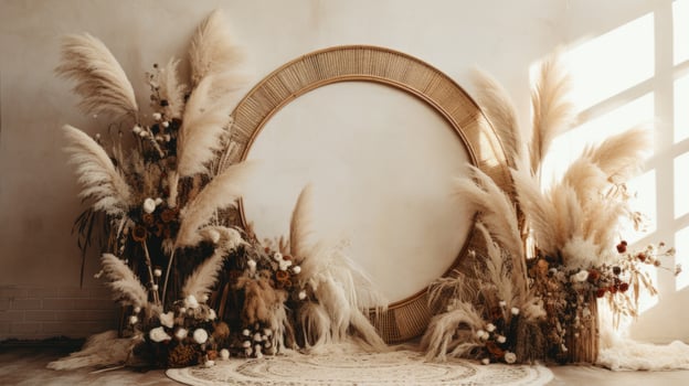 boho wedding indoor macrame rug arch room, ai photo