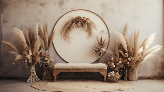 boho wedding indoor macrame rug arch room, ai photo