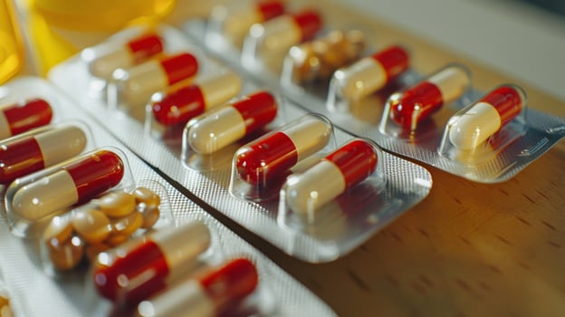 Pills instead of food. A large number of tablets or capsules lie on the table. Concept of maintaining health and dependence on medications photo