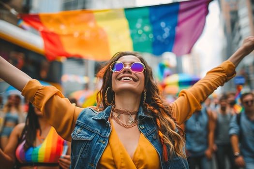 LGBT movement participants walk down the street with flags photo