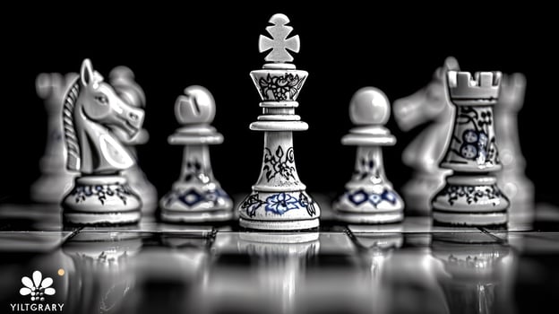 Chess pieces arranged strategically on a board photo