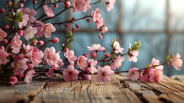 Pink Flowers on Wooden Table photo