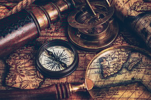Old vintage compass on ancient map photo