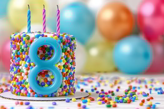 Number 8 candle on celebration cake with balloons and decorations on blurred background photo