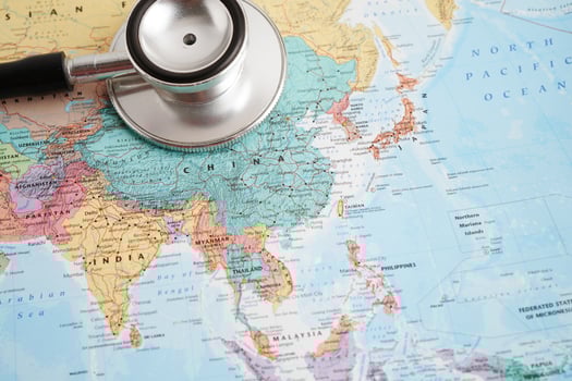 Bangkok, Thailand December 10, 2023 China map in world map paper. photo
