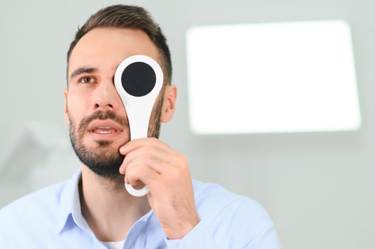 Test of sight. Man is checking his vision indoors in the clinic photo