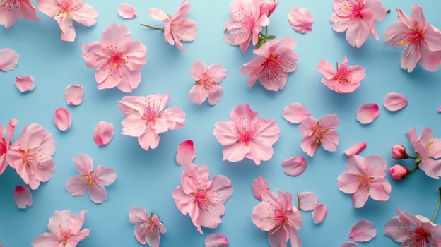 Sakura Flowers and Fallen Petals on Blue Background. Spring Floral Beauty photo