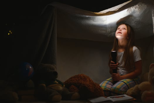 child girl reading with book and flashlight and teddy bear in tent. before going to bed photo