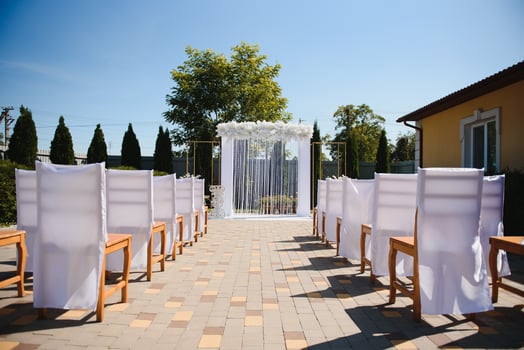 wonderful wedding ceremony. trendy wedding arch made according to modern fashion. wedding decorations photo