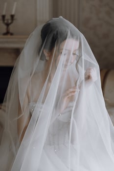 A woman is wearing a veil and is looking at the camera photo