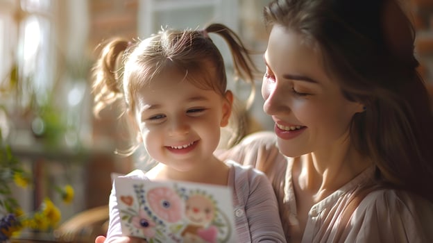 The daughter gives her mother a greeting card. Generative-AI photo