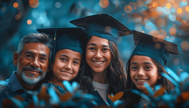 A group of girls with his father in academic caps and gowns celebrating their graduation photo