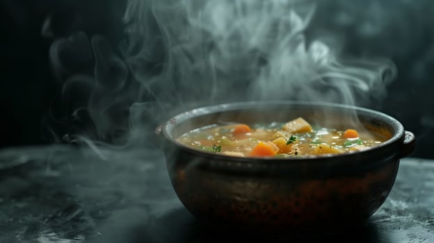 Hot vegetable soup in a bowl with steam, dark moody lighting. Culinary and gourmet concept for recipes, restaurant menus, and food blogs with copy space. photo