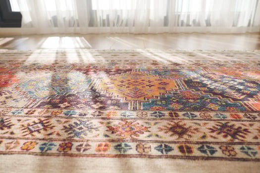 A patterned rug rests on the flooring beside a mirror photo