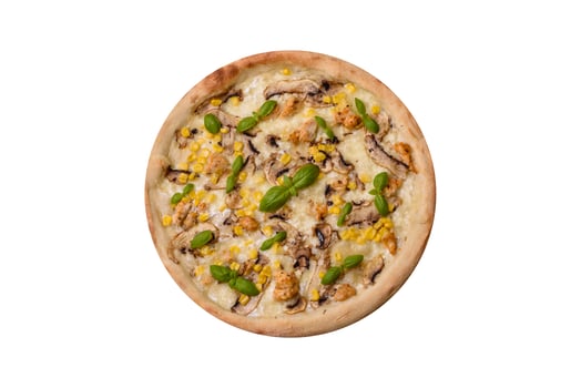 Delicious pizza with corn, cheese, tomatoes and mushrooms, salt, spices and herbs photo