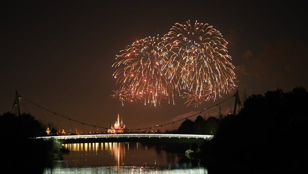 The colorful and beautiful fireworks show with the dark sky as background at night photo