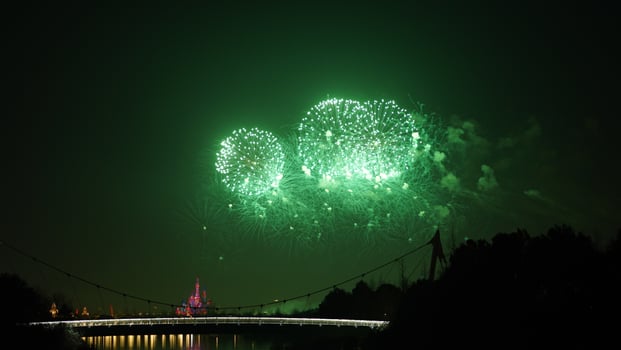 The colorful and beautiful fireworks show with the dark sky as background at night photo