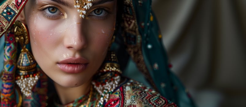 portraits showcasing the distinctive attire and ornate jewelry worn by Romani women adorned with vibrant fabrics, intricate embroidery, and gleaming accessories. photo