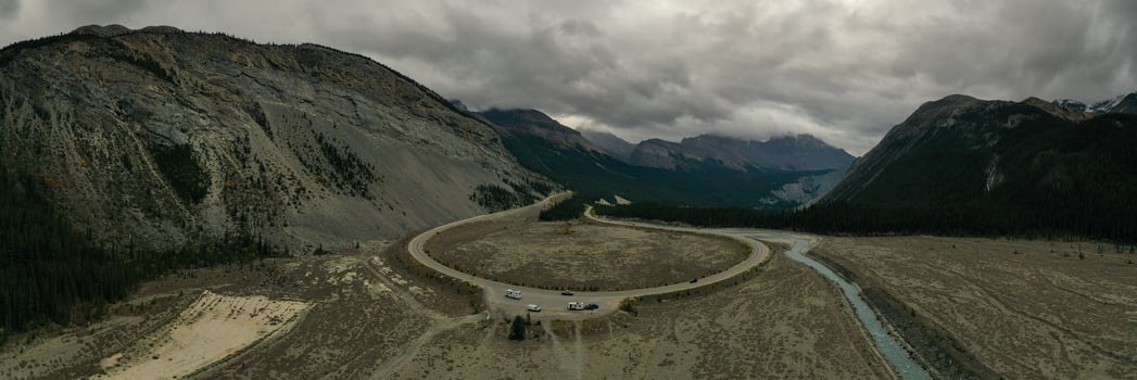 Panoramic aerial view of the curve at The Big Bend on the Icefield Parkway. photo