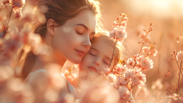 Mother and Child Among Flower Field. Generative-AI photo