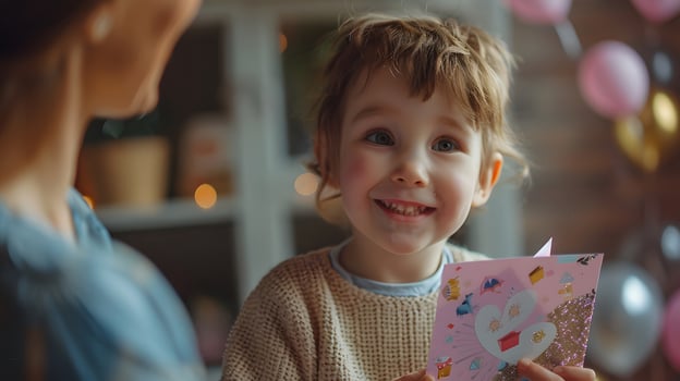 Smiling little Girl Holding Card. Generative-AI photo