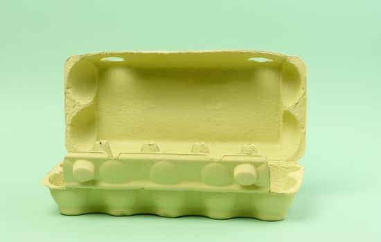 Open green recycled egg carton box on green background, storage photo