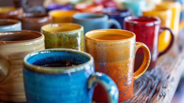 A lineup of colorful mugs each one showcasing a different type of coffee roast photo