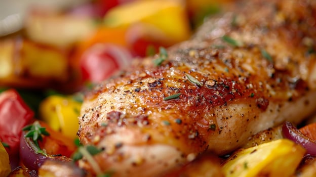 A roasted chicken with a flavorful dry rub accompanied by a medley of ovenroasted vegetables photo