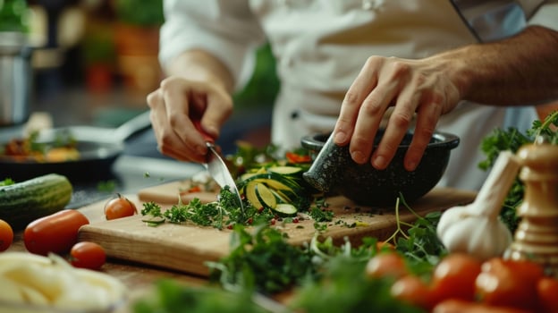 One chef carefully slices fresh vegetables while the other mixes a variety of herbs and es in a mortar and pestle. The aromas wafting through the kitchen are enticing and refreshing photo