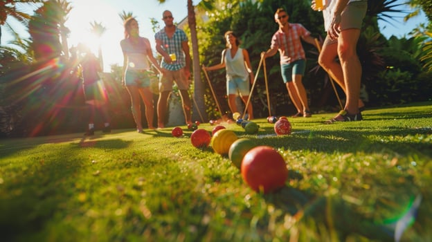A group of friends playing a lively game of croquet on the perfectly manicured lawn glasses of mocktails in hand photo