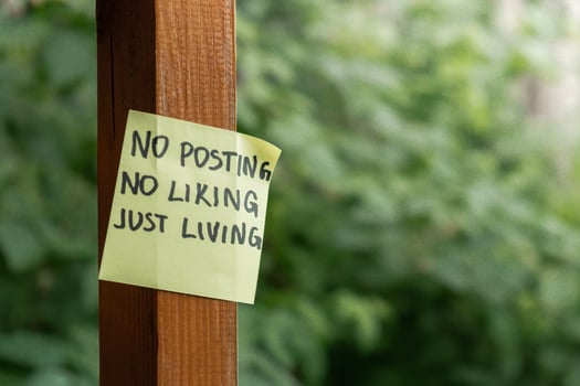 NO POSTING NO LIKING JUST LIVING text on paper note on background of greenery garden. Concept of social media technology detox. Farmcore nature core sustainable slow life photo