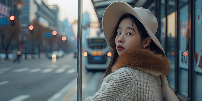 beautiful Chinese girl wearing an off-white woolen sweater with a brown fur collar, photo