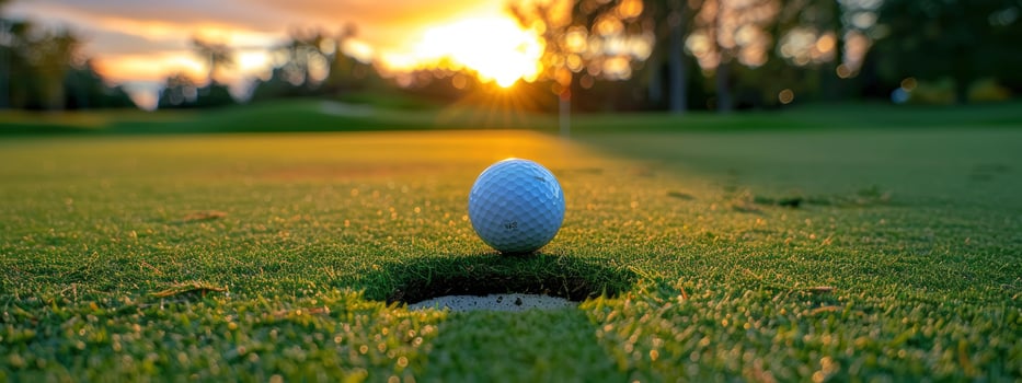 A golf ball lies on the green field, right next to the hole. The sun is setting in the background photo