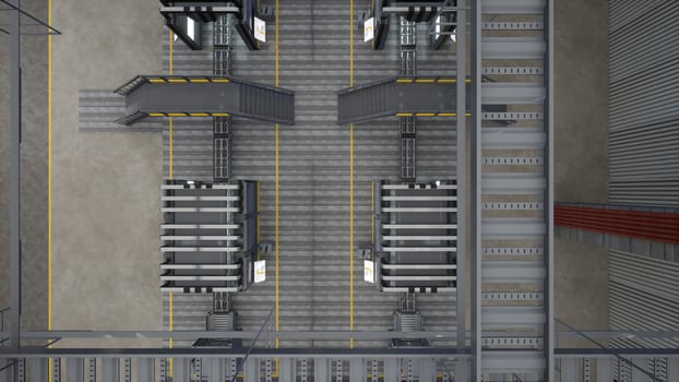 Top down view of automated factory with conveyor belts transporting manufactured products, 3D rendering. Assembly lines and metal beams in high tech logistics depot, aerial drone shot photo